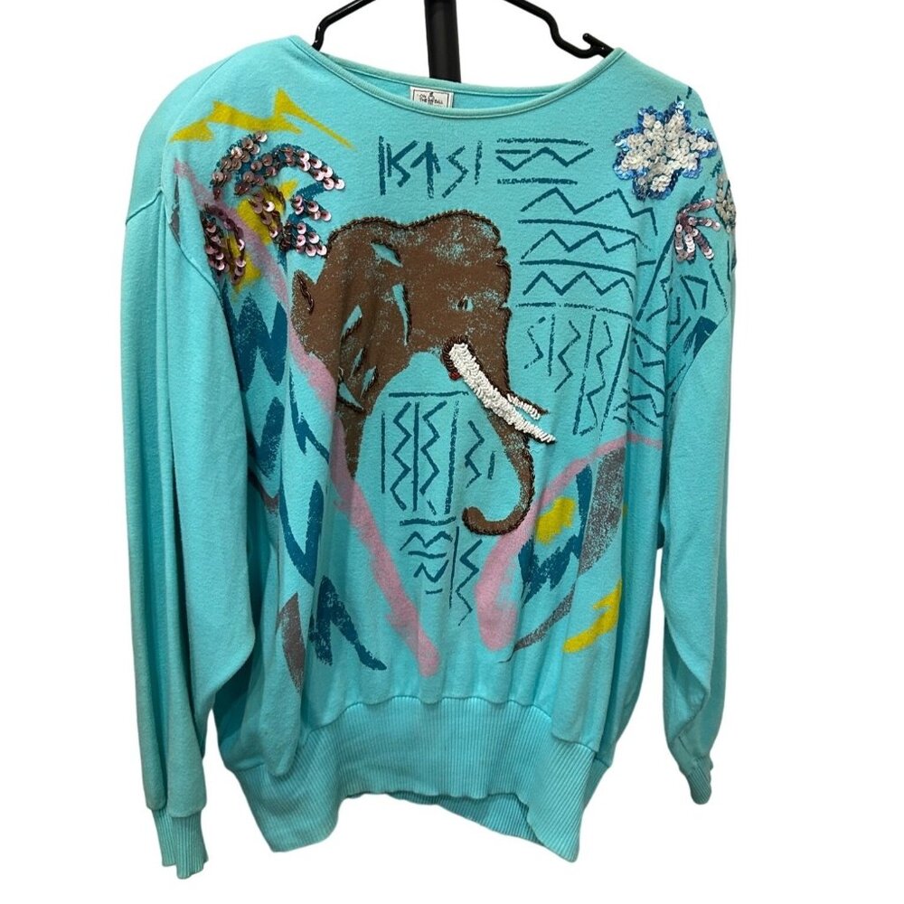 Vintage 80s Elephant Painted Embellished Animal Artsy Long Sleeve Top